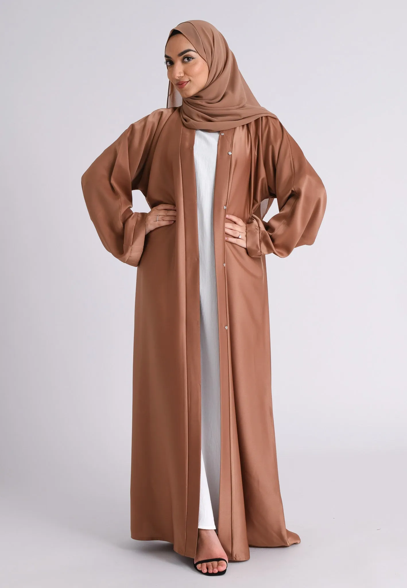 Plain Liquid Satin Open Abaya - Bronze