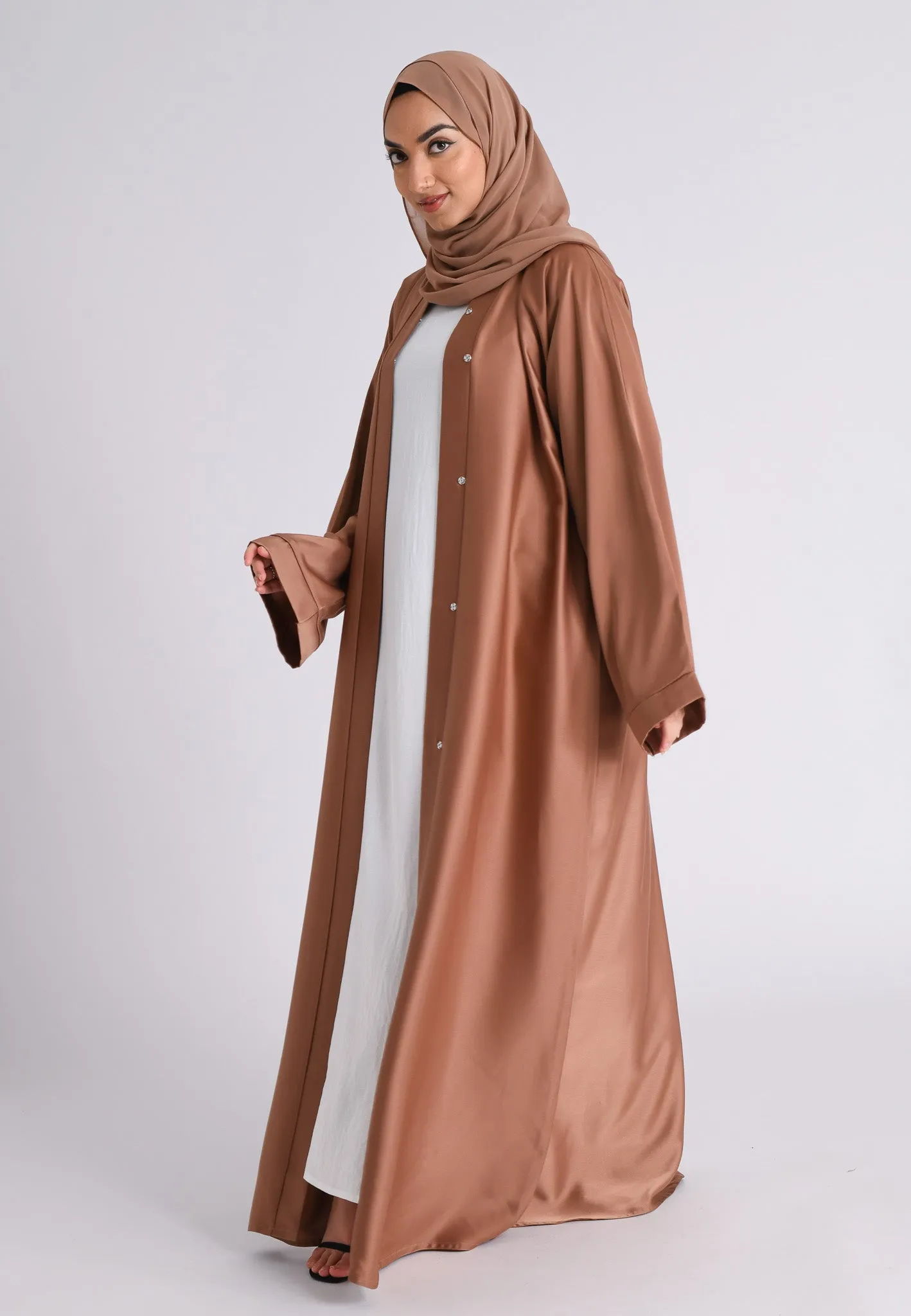 Plain Liquid Satin Open Abaya - Bronze