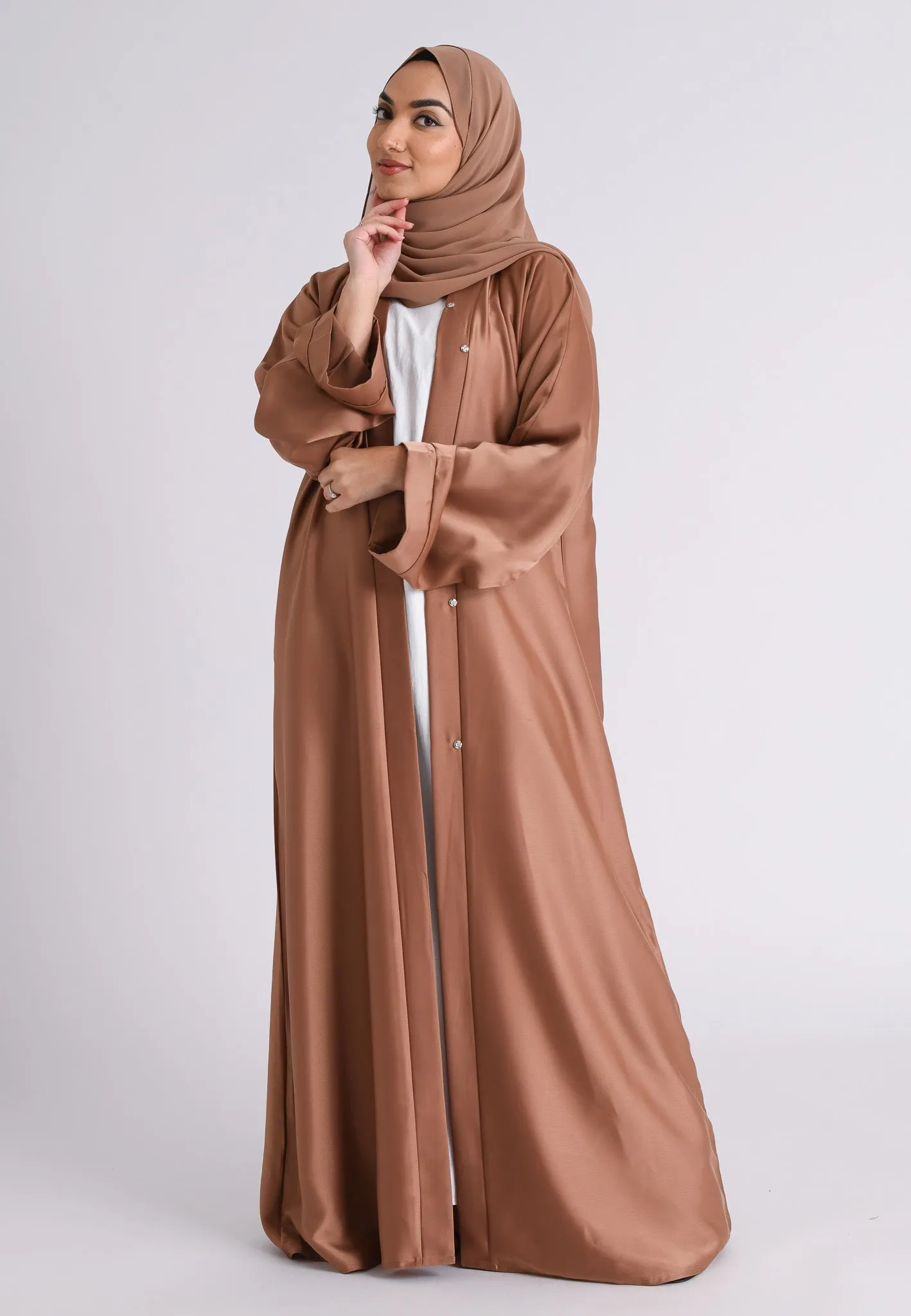 Plain Liquid Satin Open Abaya - Bronze