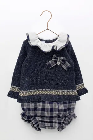 "Eira" Navy Knit Top & Tartan Bloomers