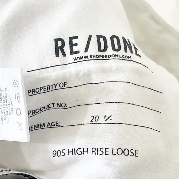 RE/DONE White Distressed 90's High Rise Loose Jeans in White With Rips Size 24