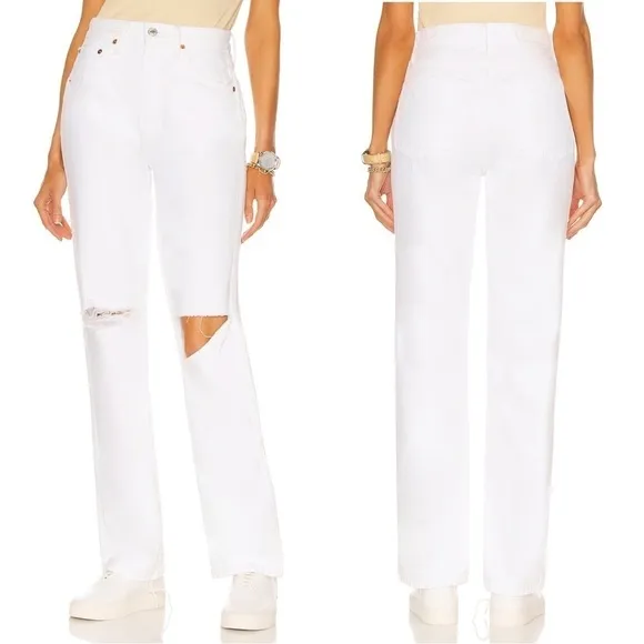 RE/DONE White Distressed 90's High Rise Loose Jeans in White With Rips Size 24