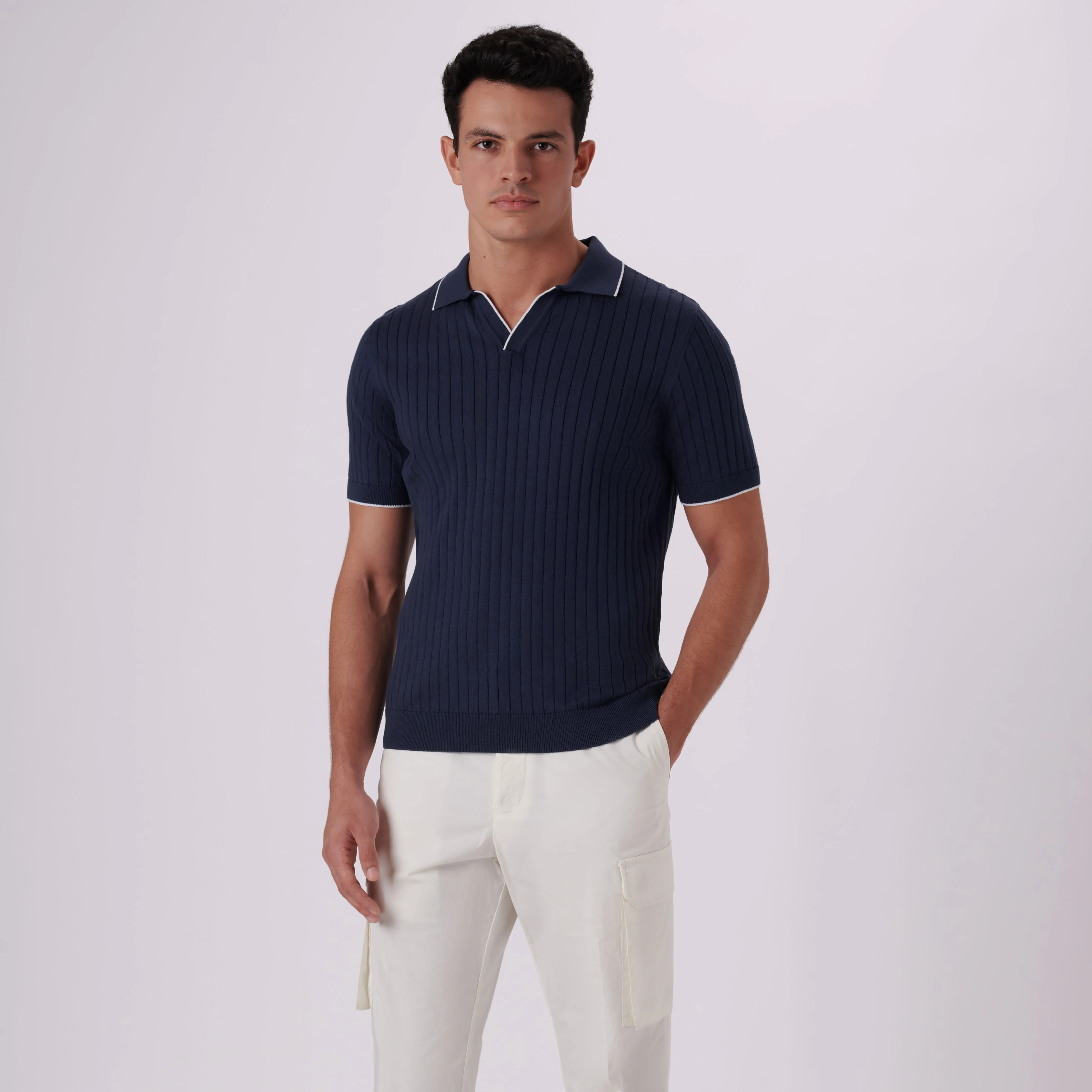 Rib Knit Short Sleeve Johnny Collar Sweater