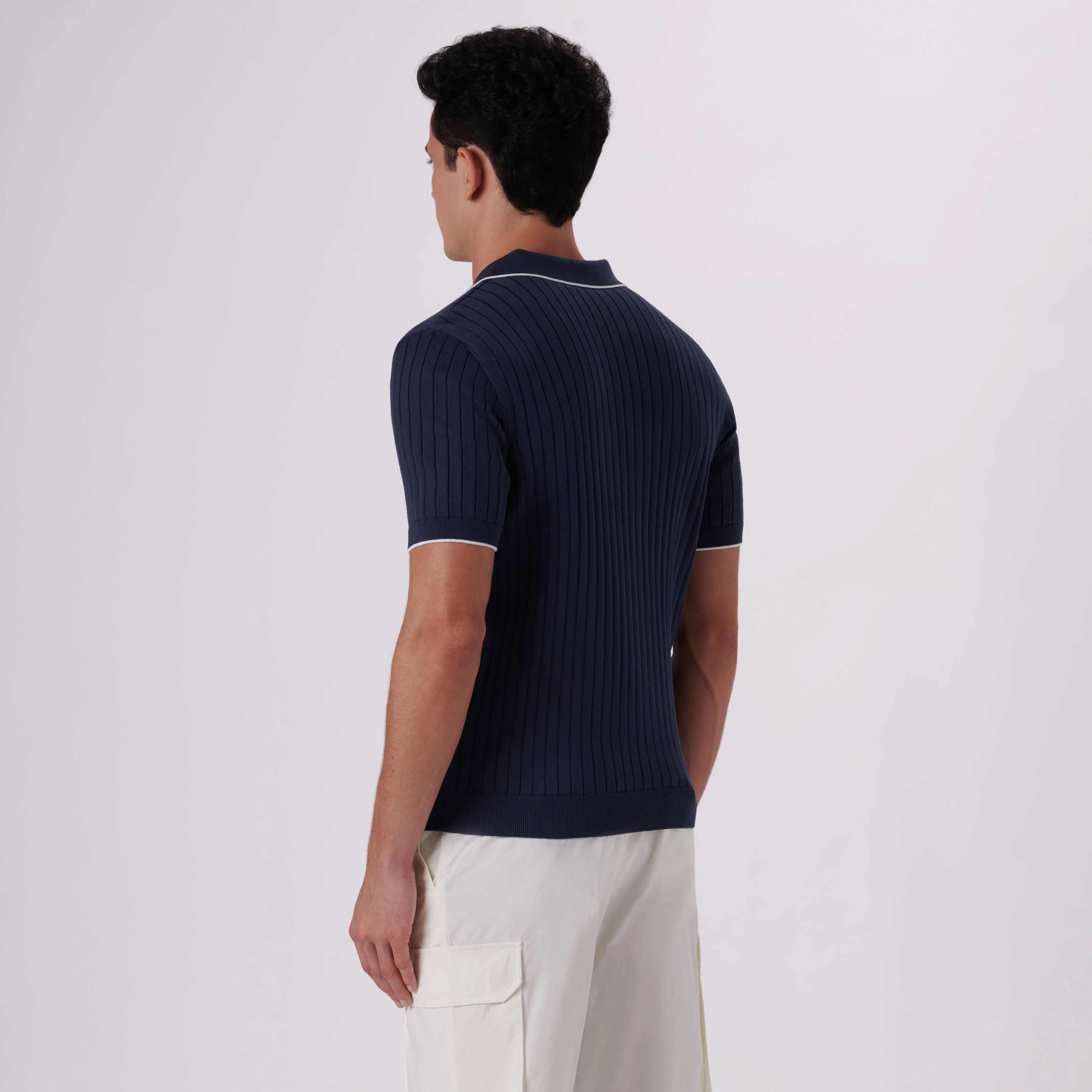 Rib Knit Short Sleeve Johnny Collar Sweater