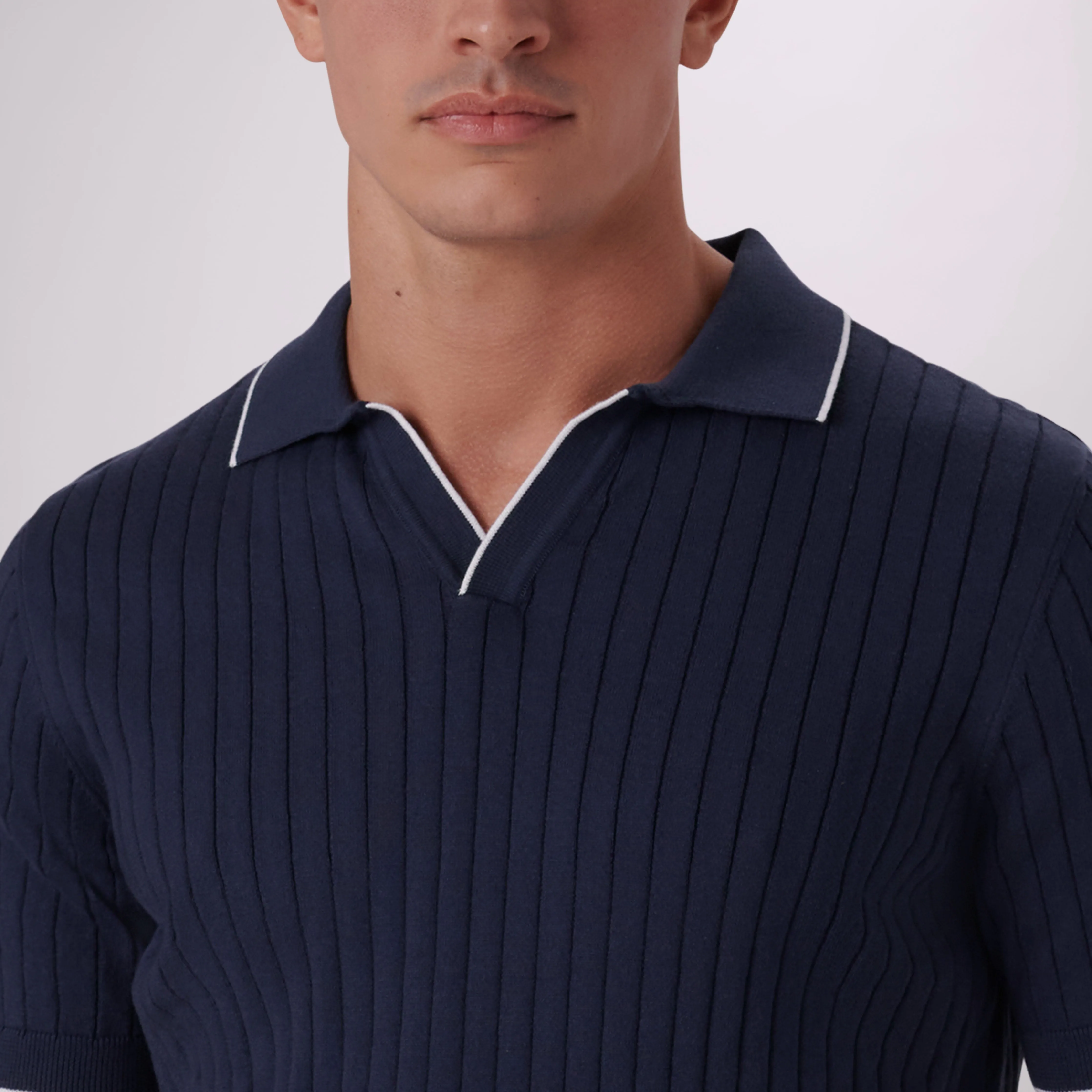 Rib Knit Short Sleeve Johnny Collar Sweater
