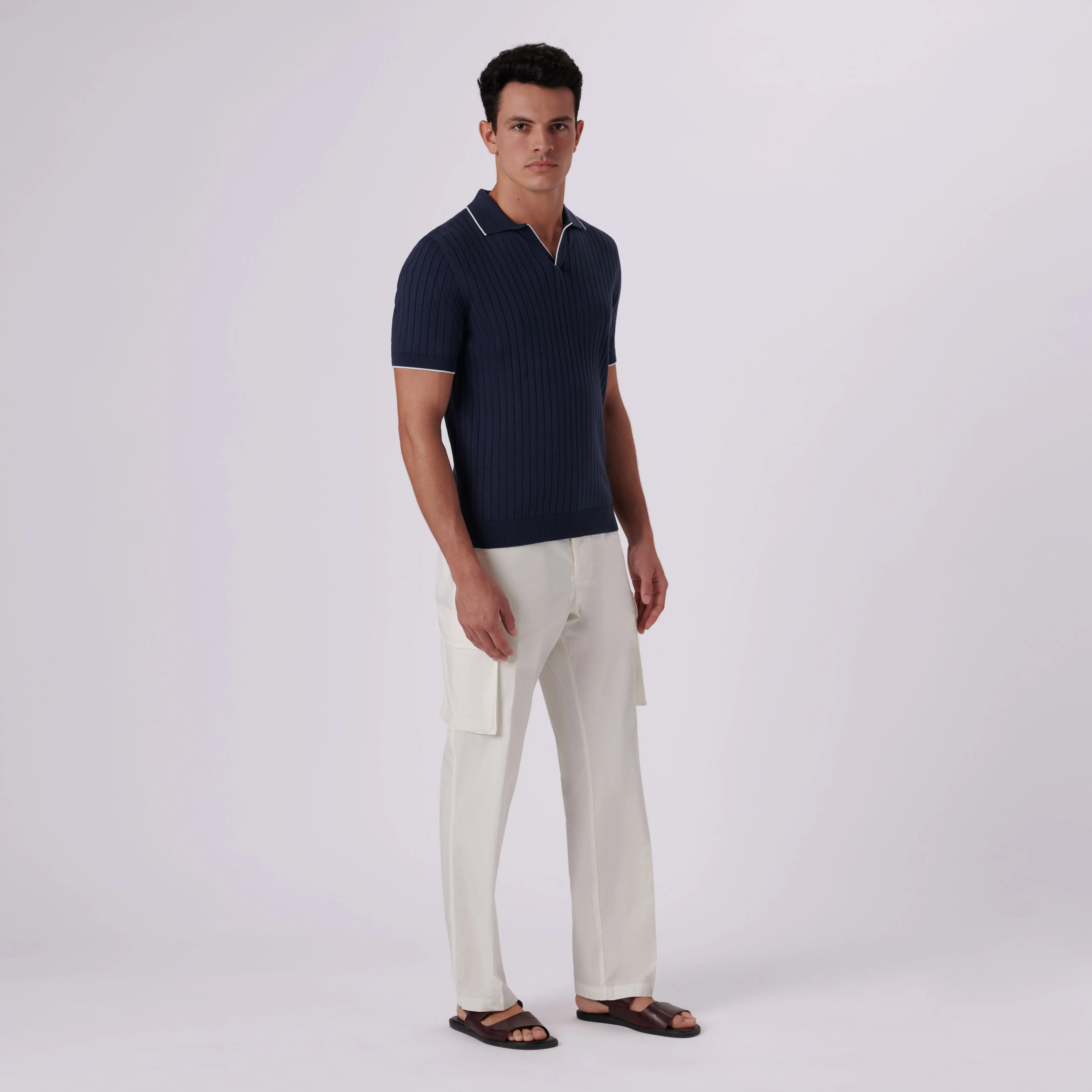 Rib Knit Short Sleeve Johnny Collar Sweater