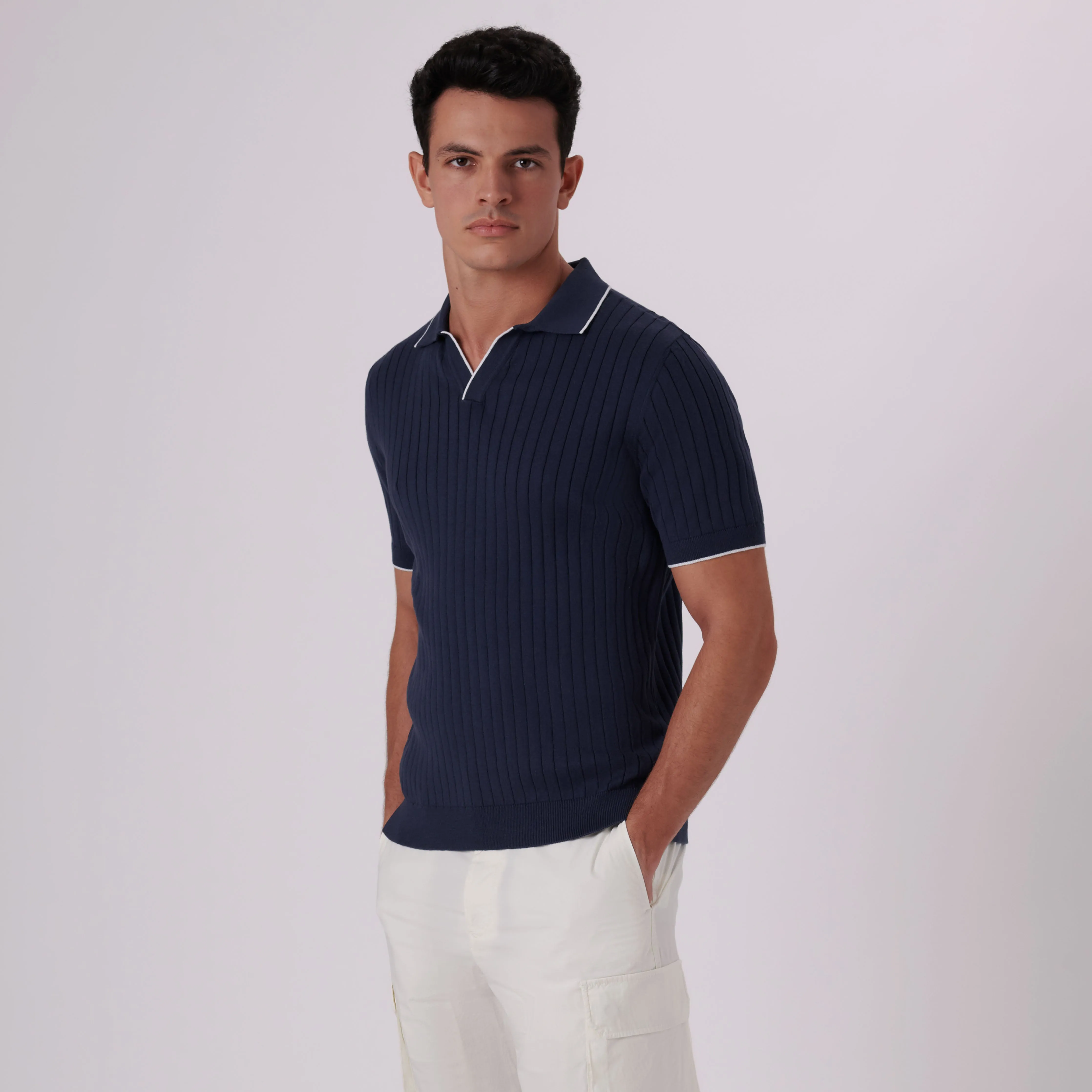 Rib Knit Short Sleeve Johnny Collar Sweater