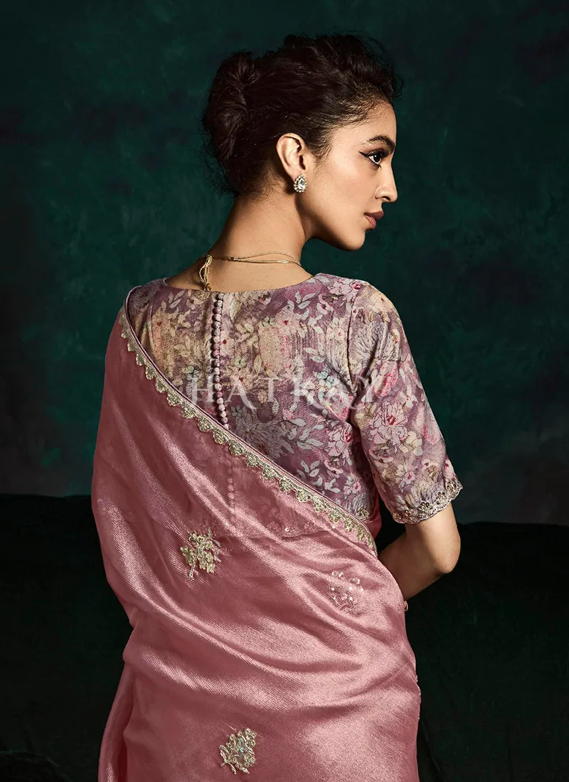 Rose Pink And Purple Handwork Tissue Silk Saree