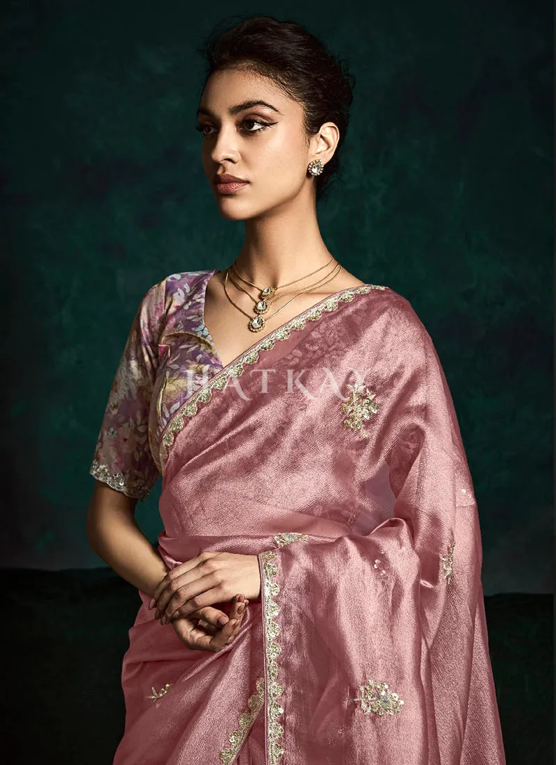 Rose Pink And Purple Handwork Tissue Silk Saree