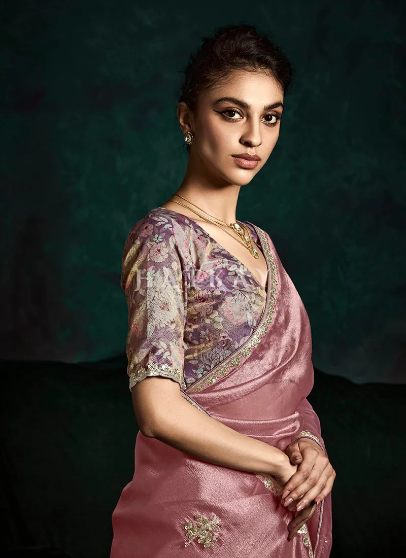 Rose Pink And Purple Handwork Tissue Silk Saree