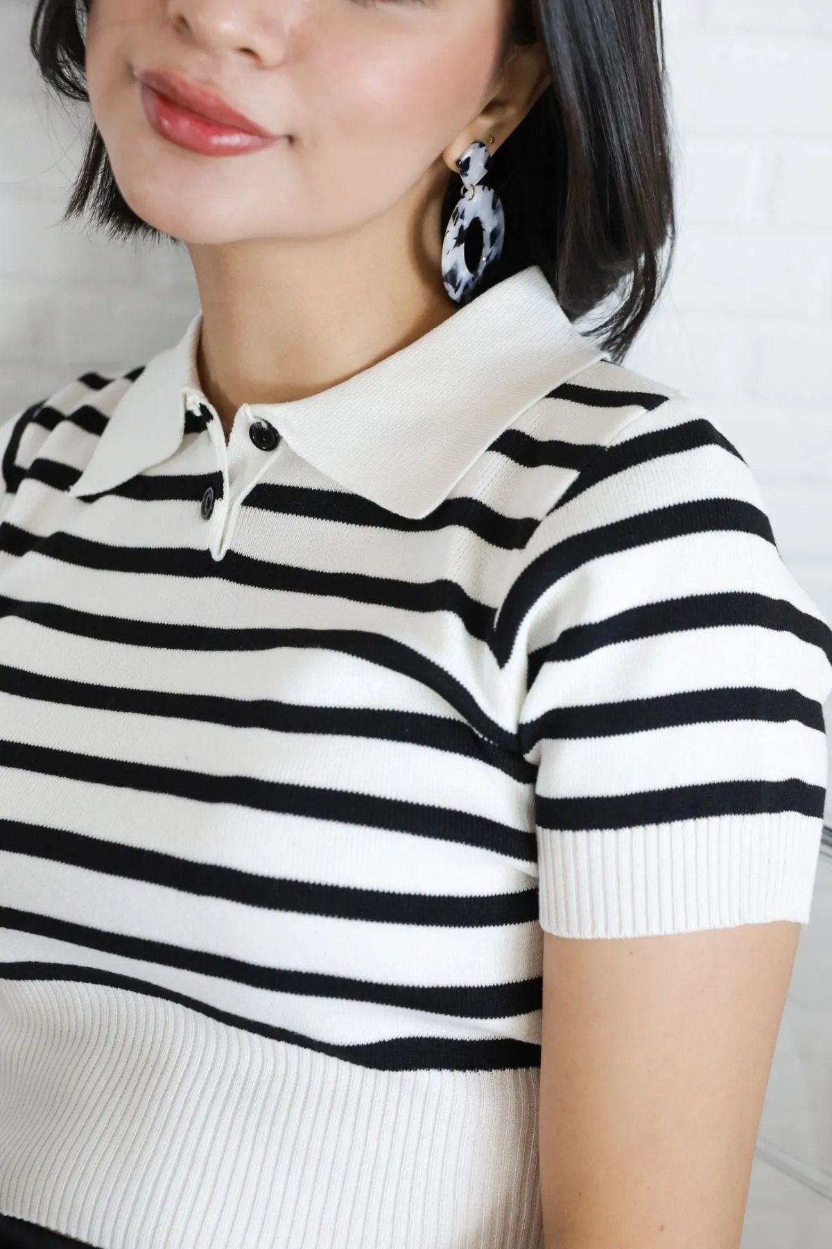 RUE Striped Knit Polo Shirt (White)