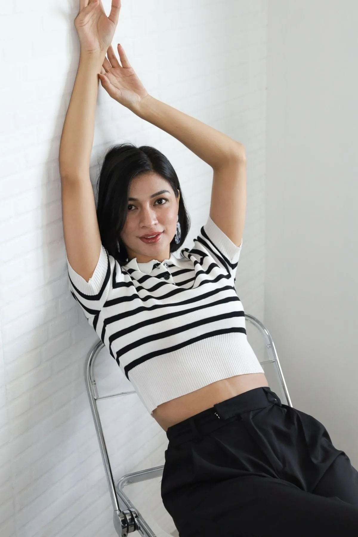 RUE Striped Knit Polo Shirt (White)