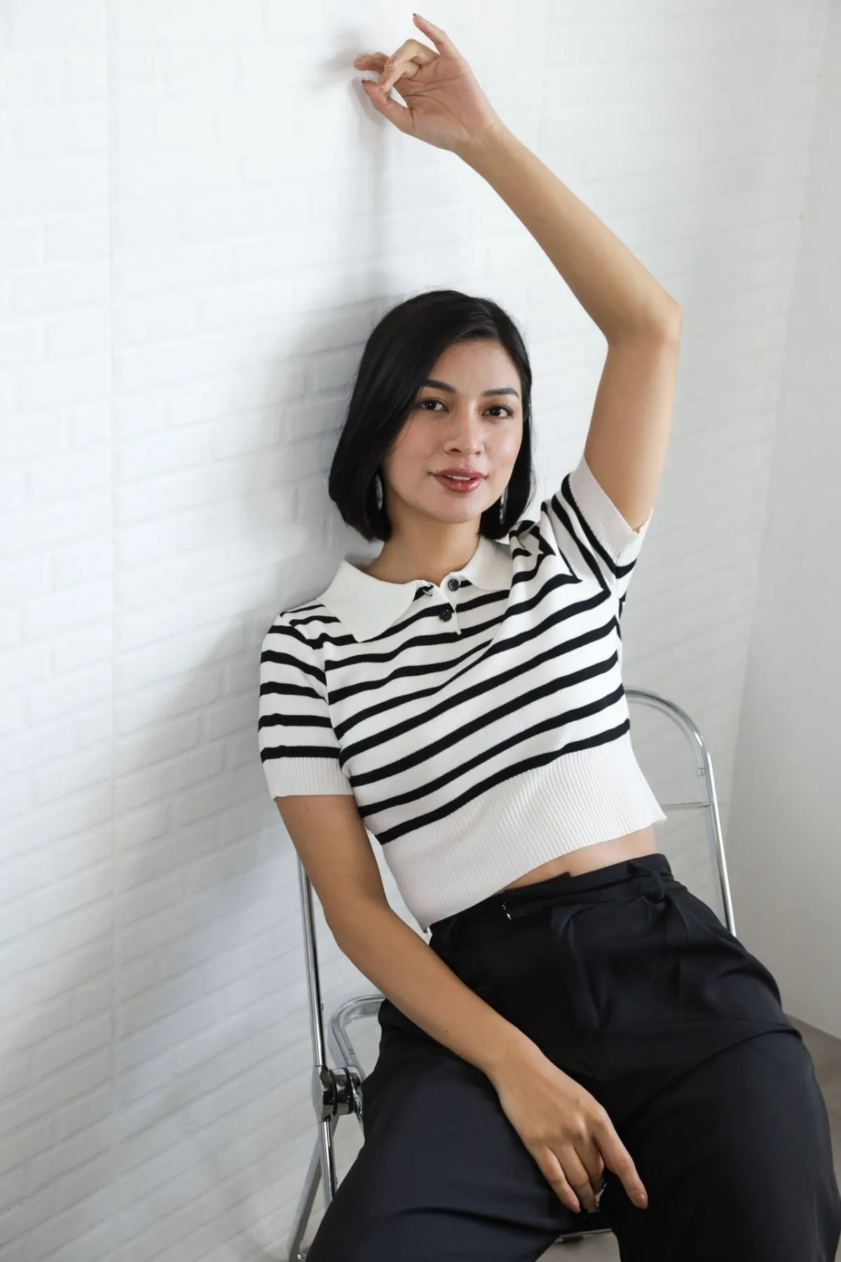 RUE Striped Knit Polo Shirt (White)