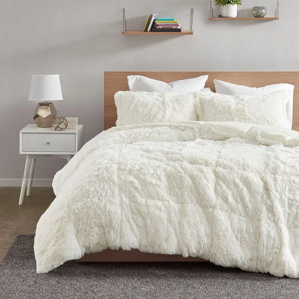 Shaggy Fur 3-Piece Comforter Set (White)