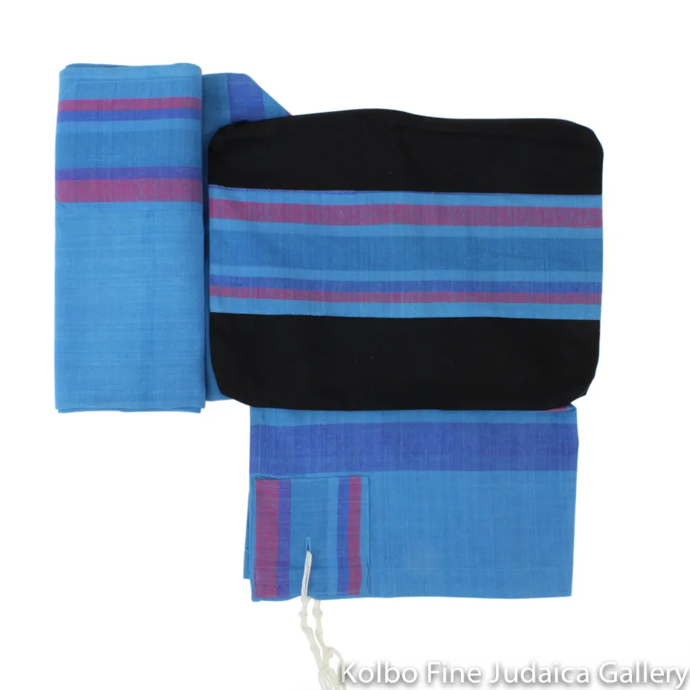 Tallit Set, Jewel Tones of Turquoise, Purple, and Pink, Hand-Spun Cotton and Silk, with Bag, Ethically and Sustainably Made