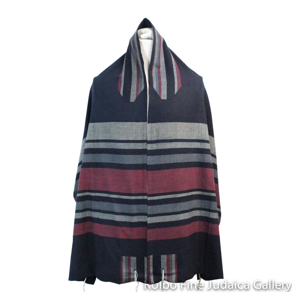 Tallit Set, Sunset Tones of Black, Burgundy, and Gray, Hand-Spun Cotton and Silk, with Bag, Ethically and Sustainably Made