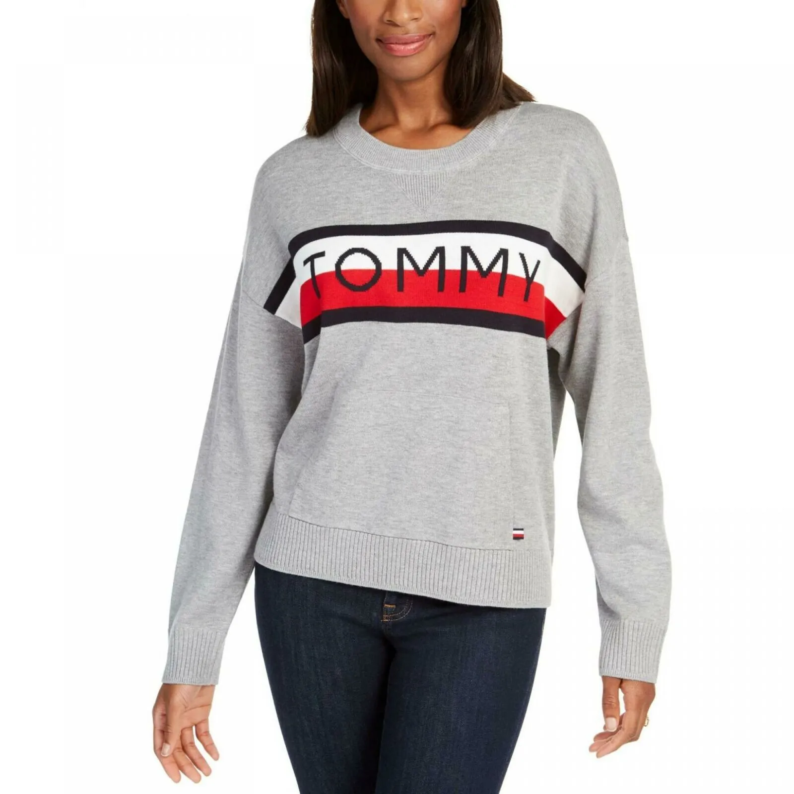 Tommy Hilfiger Women's Colorblocked Crewneck Pouch Pocket Pullover Sweater