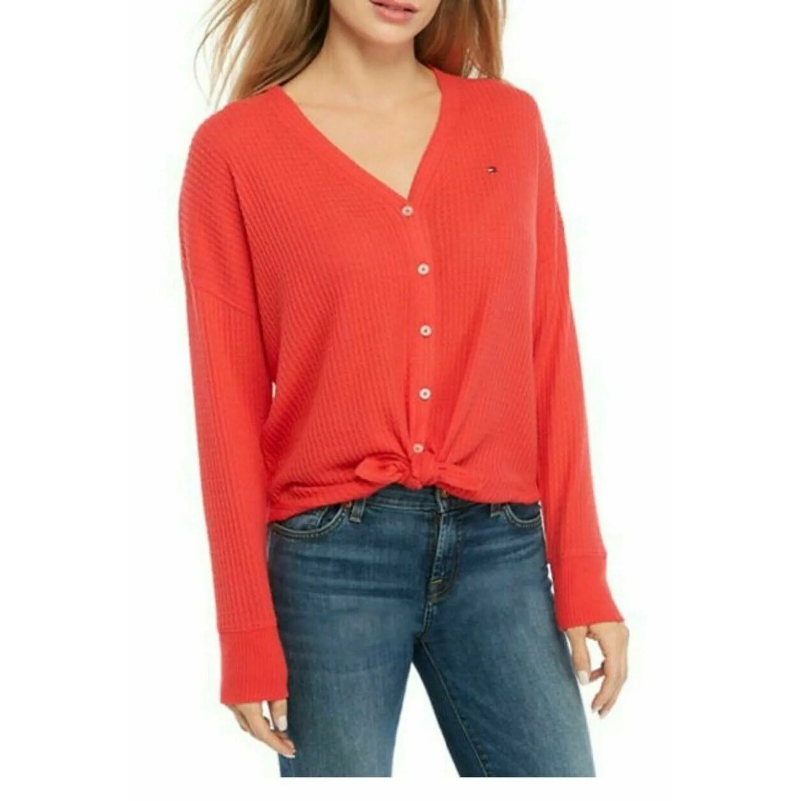 Tommy Hilfiger Women's Tie Waffle Knit V-Neck Long Sleeve Cardigan