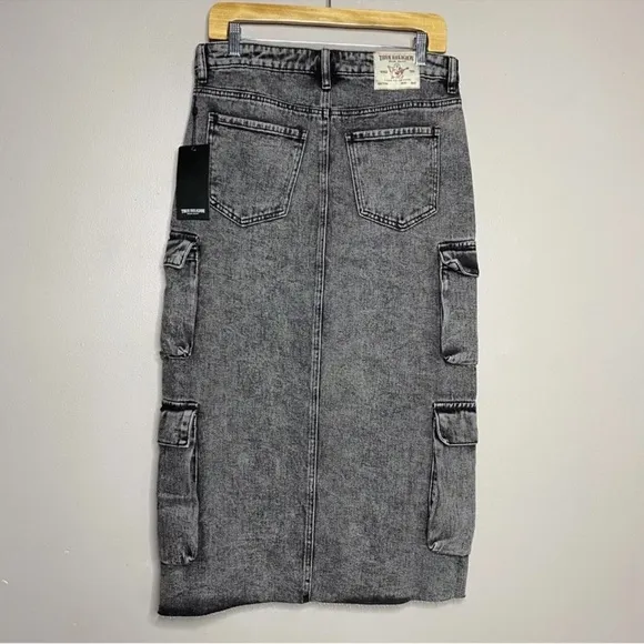 True Religion Denim Skirt Women’s SZ 23 Charcoal Cargo Midi Front Slit Utility
