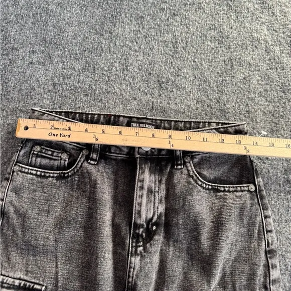True Religion Denim Skirt Women’s SZ 23 Charcoal Cargo Midi Front Slit Utility