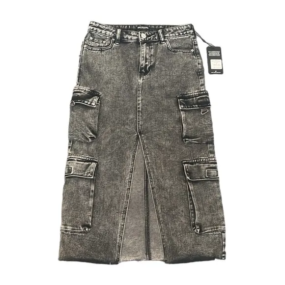 True Religion Denim Skirt Women’s SZ 23 Charcoal Cargo Midi Front Slit Utility