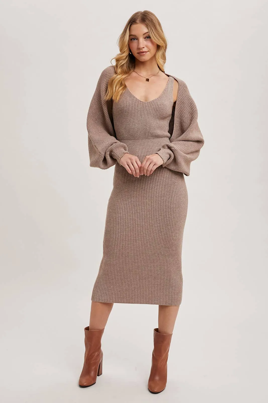 V-NECK KNIT MIDI DRESS AND KNIT SHRUG SET: LATTE