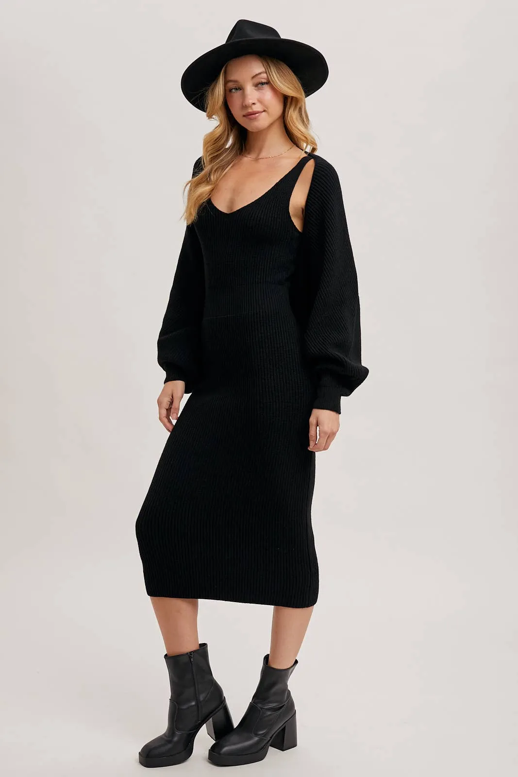 V-NECK KNIT MIDI DRESS AND KNIT SHRUG SET: LATTE