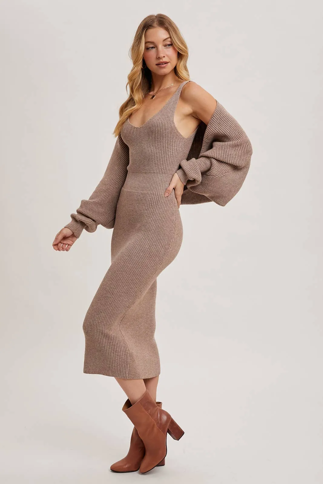 V-NECK KNIT MIDI DRESS AND KNIT SHRUG SET: LATTE