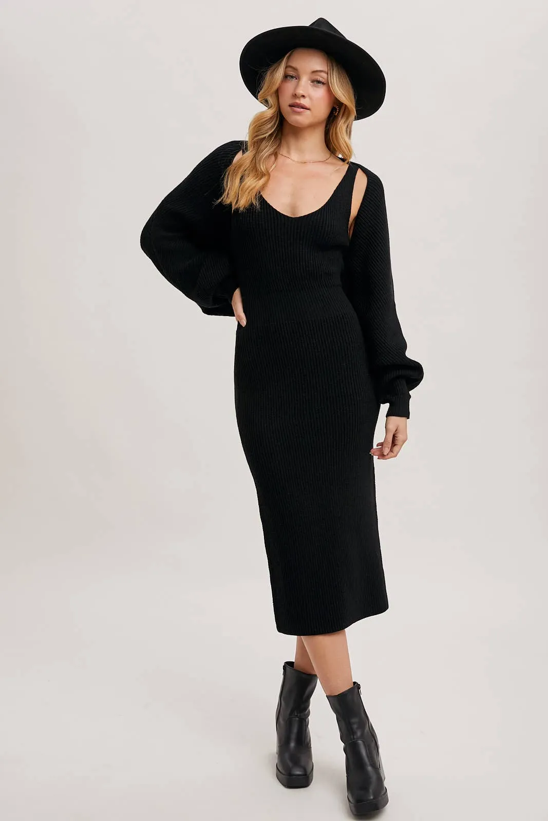V-NECK KNIT MIDI DRESS AND KNIT SHRUG SET: LATTE