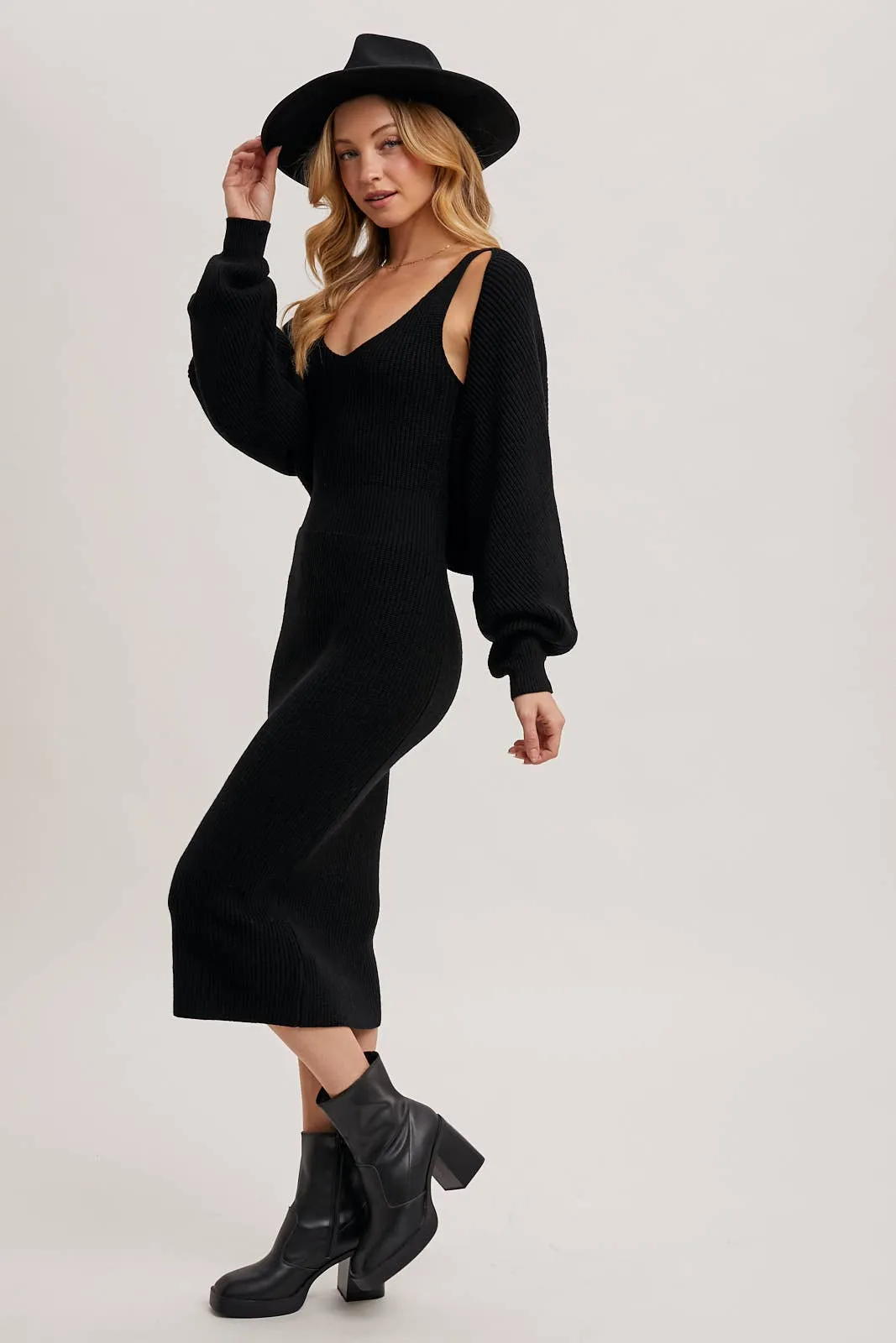 V-NECK KNIT MIDI DRESS AND KNIT SHRUG SET: LATTE