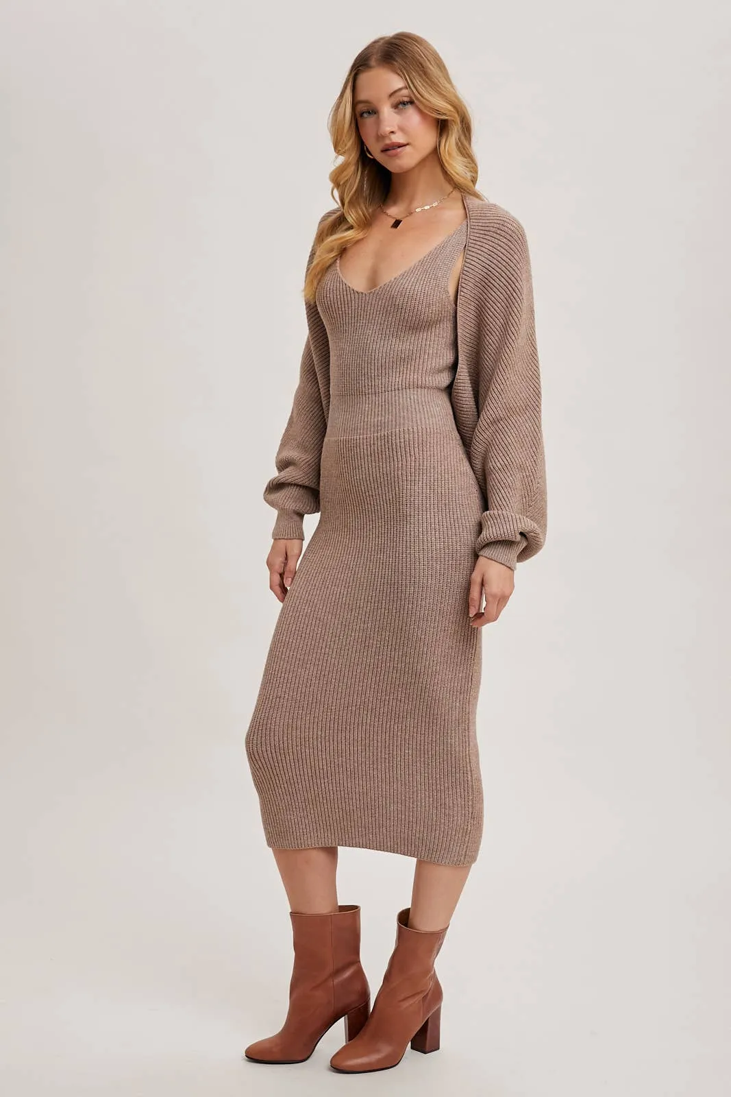 V-NECK KNIT MIDI DRESS AND KNIT SHRUG SET: LATTE