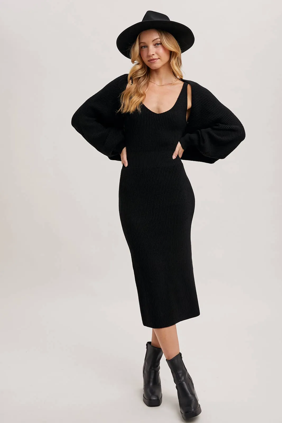 V-NECK KNIT MIDI DRESS AND KNIT SHRUG SET: LATTE