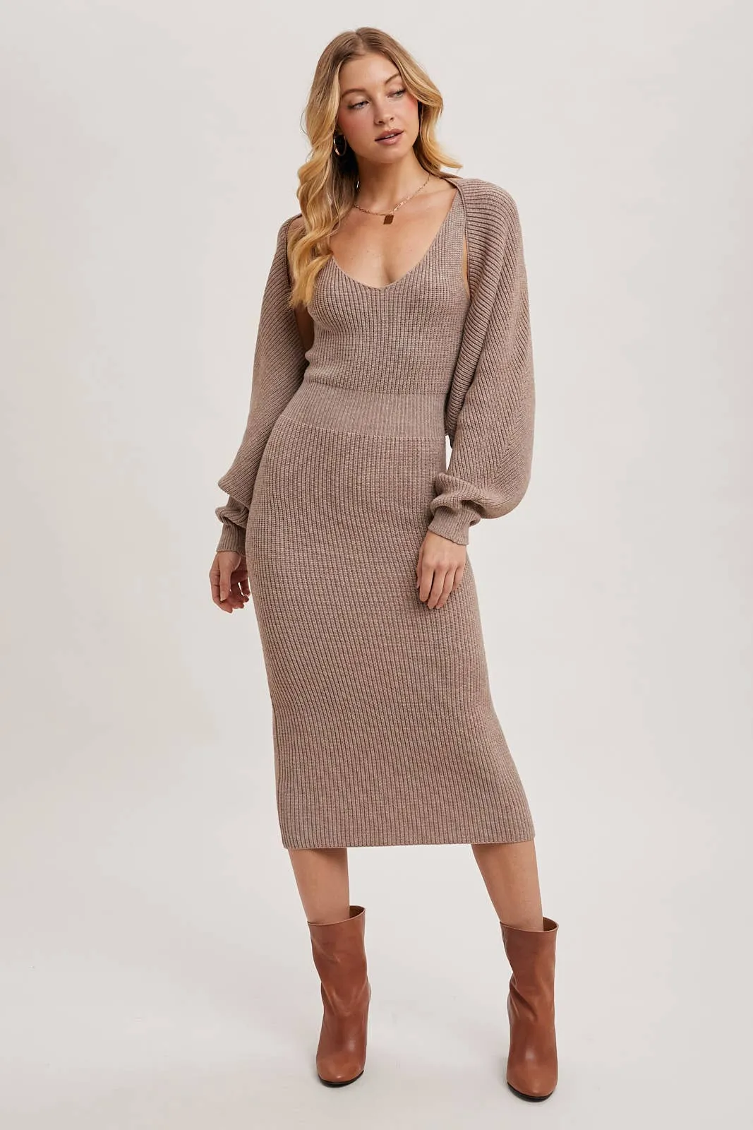 V-NECK KNIT MIDI DRESS AND KNIT SHRUG SET: LATTE