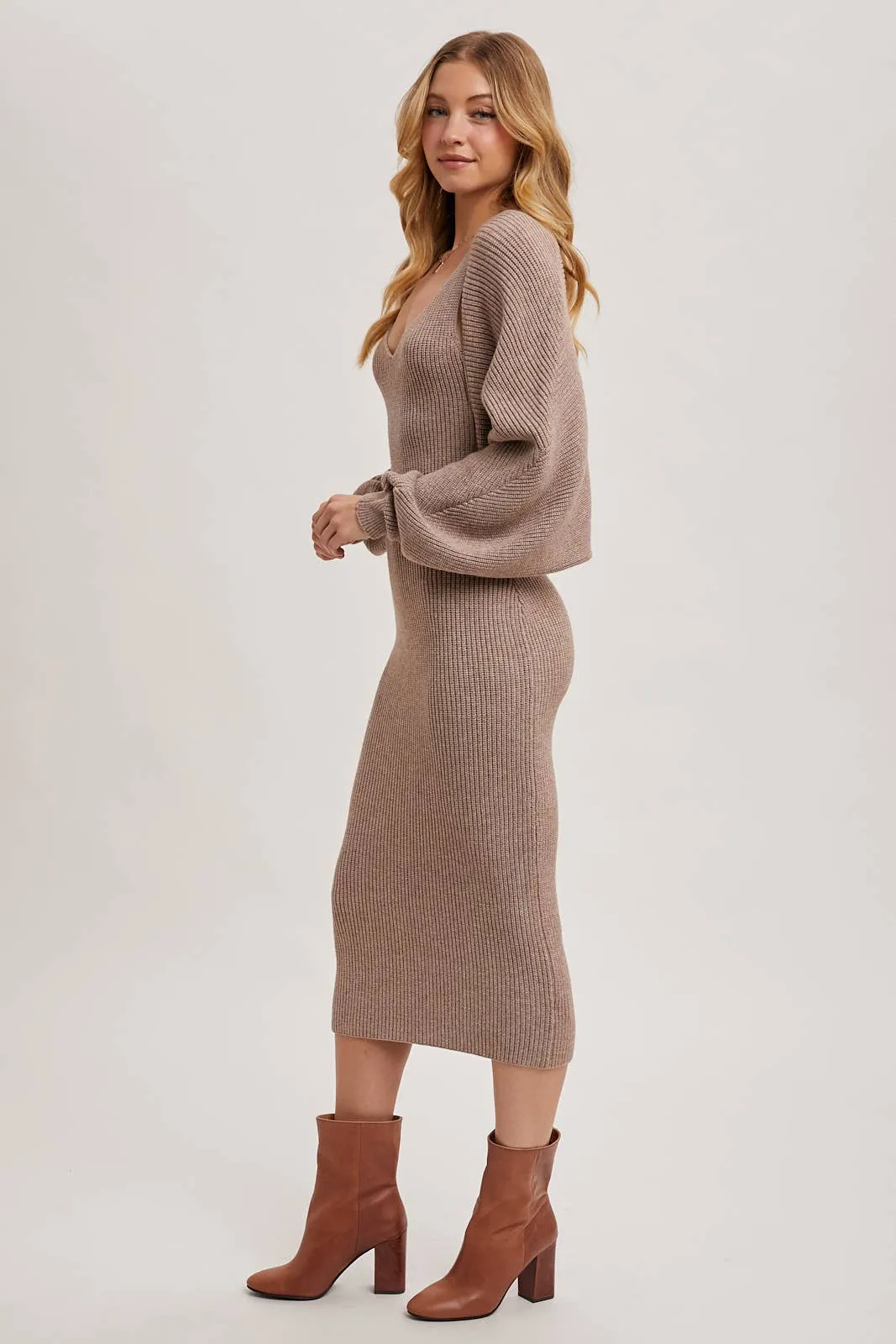 V-NECK KNIT MIDI DRESS AND KNIT SHRUG SET: LATTE
