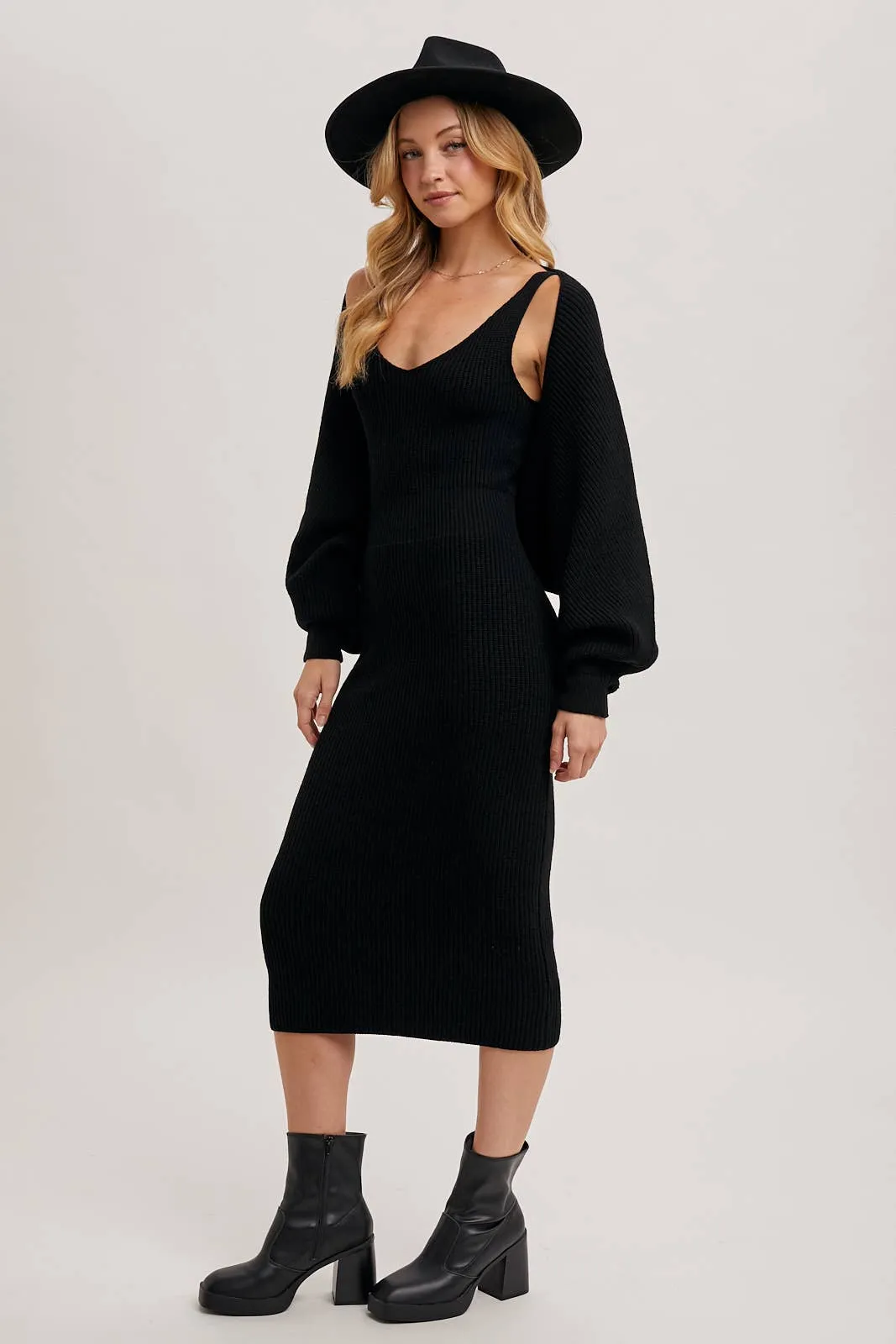 V-NECK KNIT MIDI DRESS AND KNIT SHRUG SET: LATTE