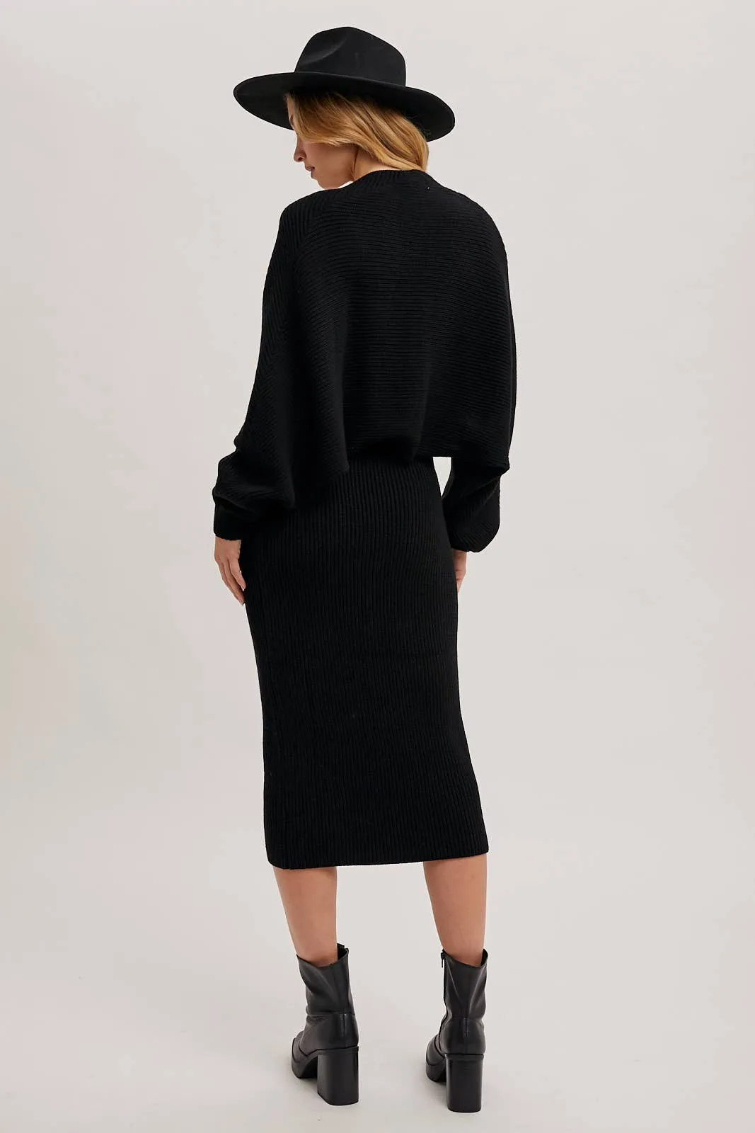 V-NECK KNIT MIDI DRESS AND KNIT SHRUG SET: LATTE