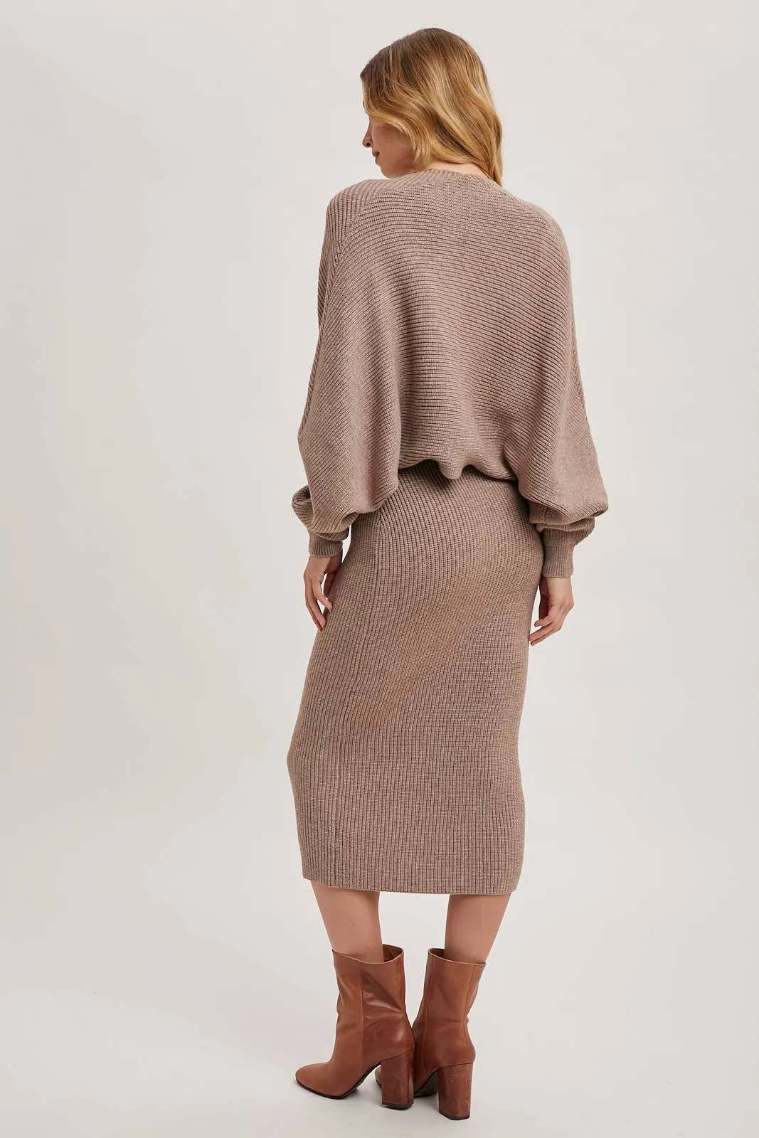 V-NECK KNIT MIDI DRESS AND KNIT SHRUG SET: LATTE