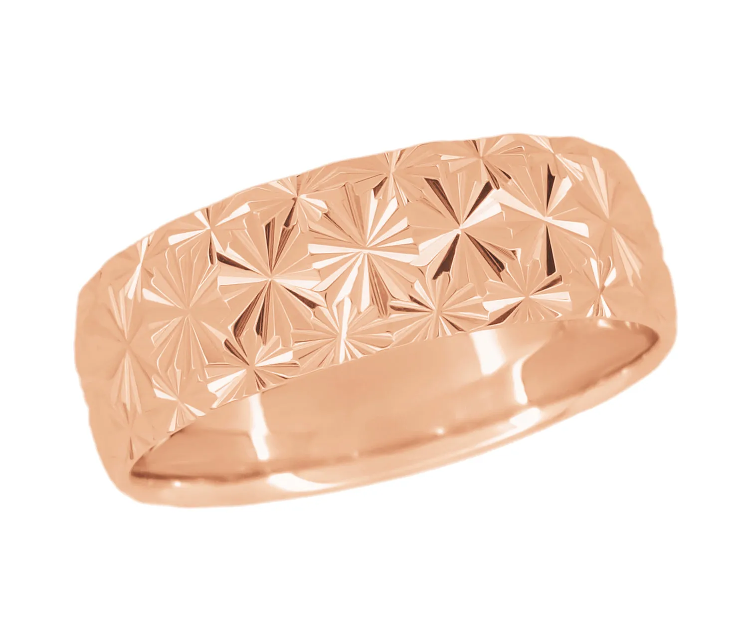 Vintage Starbursts Rose Gold 8mm Wide Sculptural Mid Century Modern Wedding Band