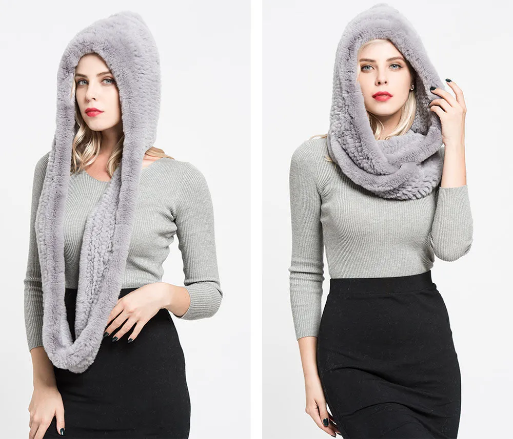 Women Real Rex Rabbit Fur Scarf Soft Warm Windproof Hat Gray Shawls