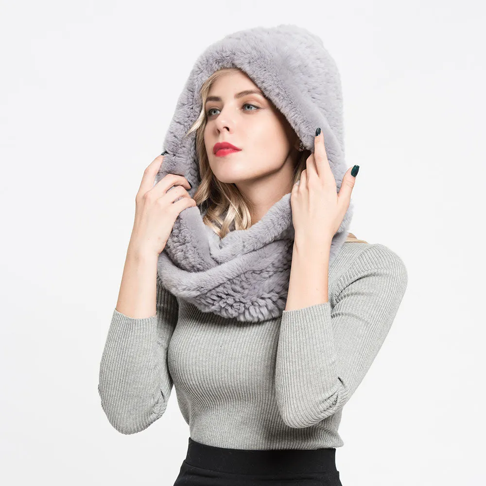 Women Real Rex Rabbit Fur Scarf Soft Warm Windproof Hat Gray Shawls