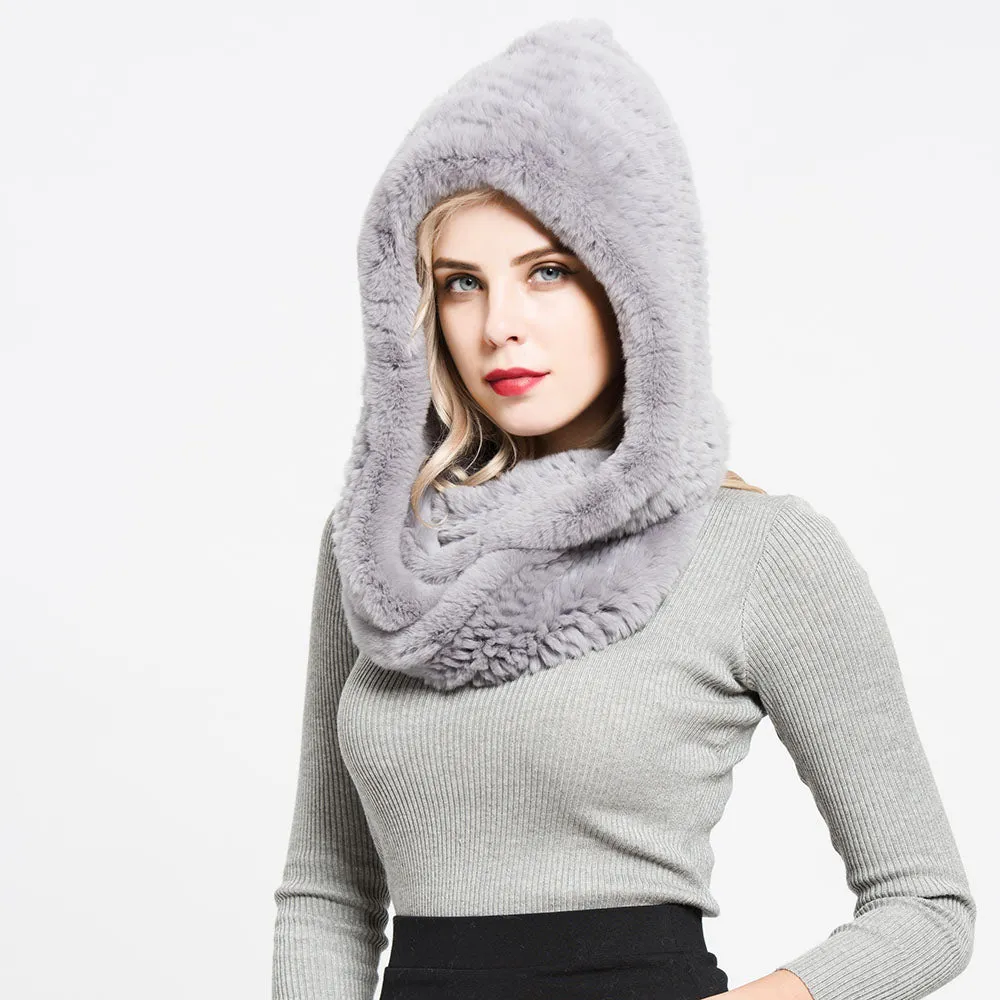 Women Real Rex Rabbit Fur Scarf Soft Warm Windproof Hat Gray Shawls