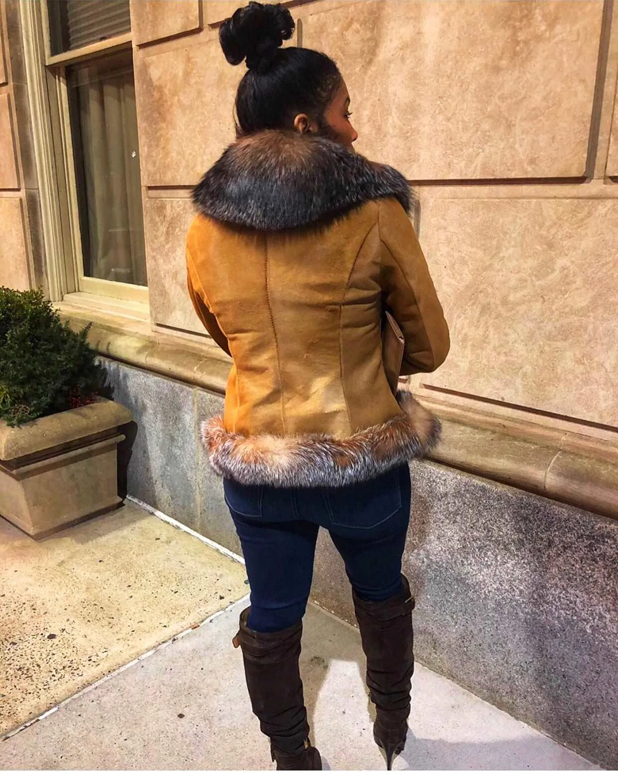 Women's Custom Made Black Pony Fur Jacket with Silver Fox Fur Collar and Trim