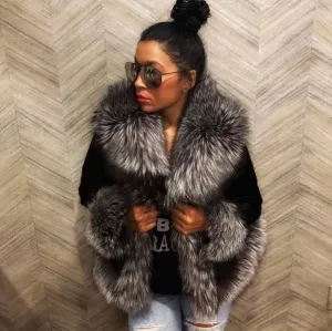 Women's Custom Made Black Pony Fur Jacket with Silver Fox Fur Collar and Trim