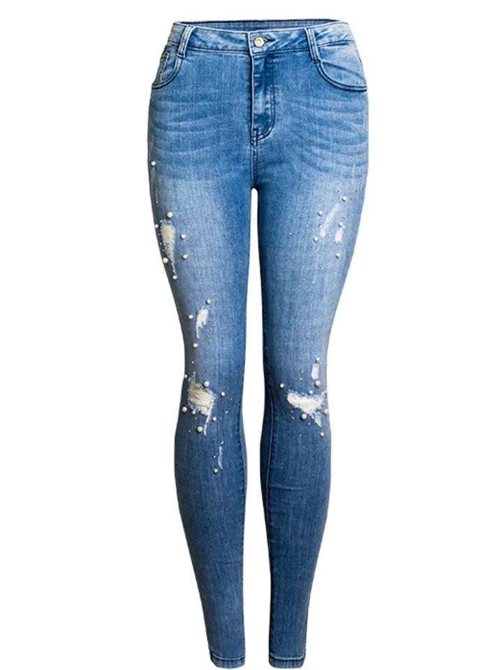 Women's Sweet Style White Pearl Slim Fit Ripped Blue Jeans